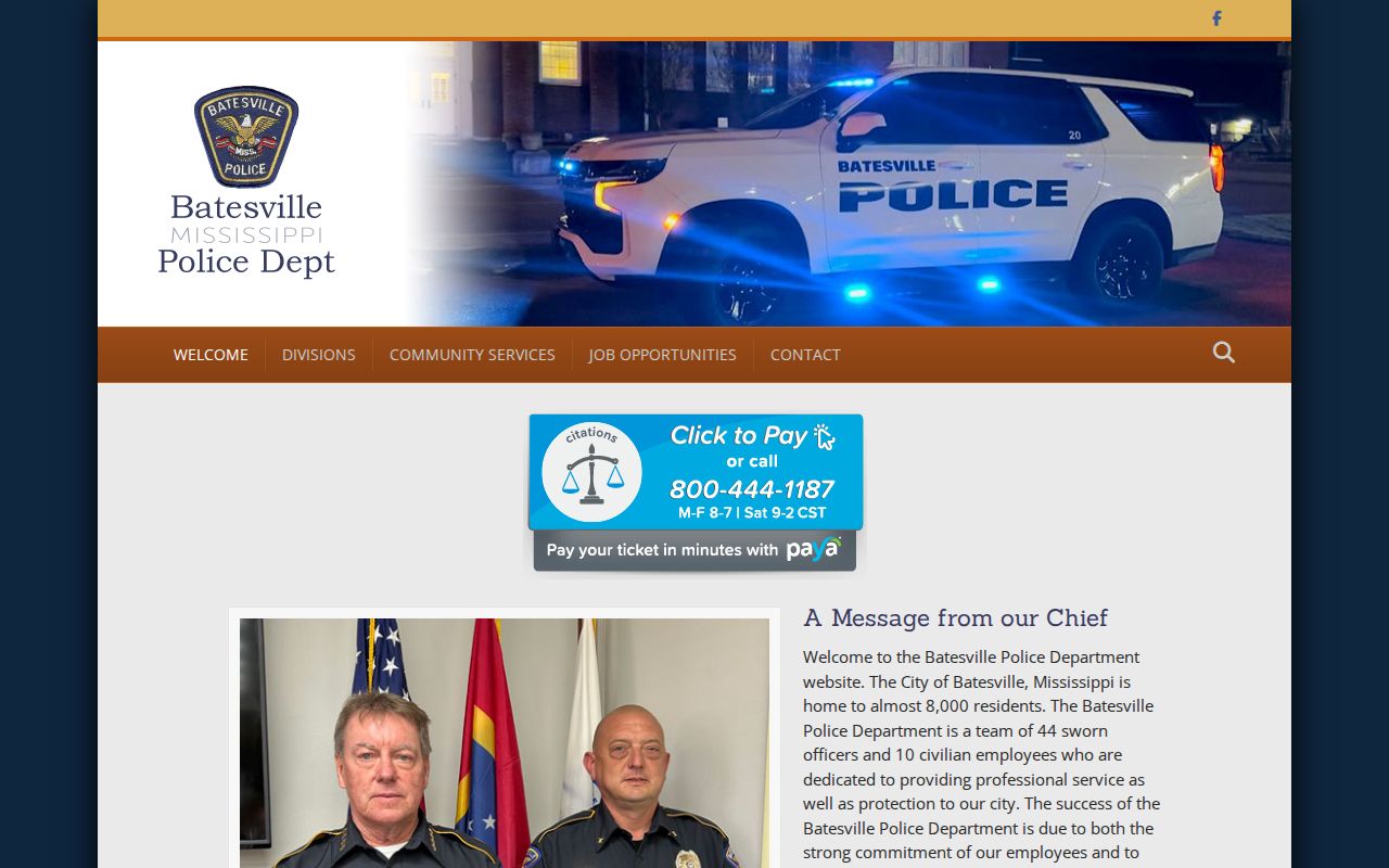 Screenshot of the Batesville Police Department official website home page