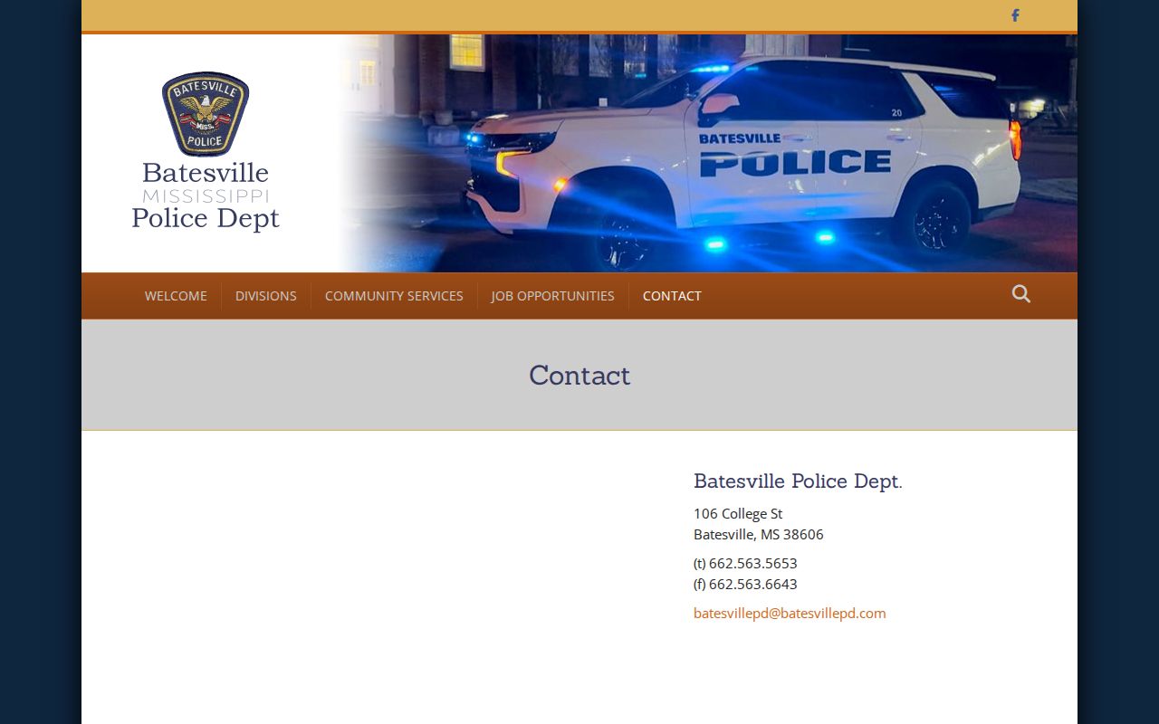 Screenshot of the Batesville Police Department official contact page